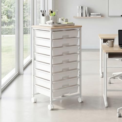 Rolling Cart with 8 Drawers, Rolling Storage Cart with Wooden Tabletop and Lockable Wheels, Craft Storage Cart for Living Room, Office, Classroom, Craft Room, Bedroom, Craft Organization and Storage
