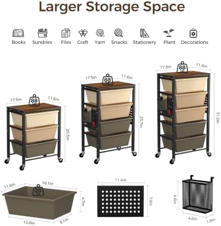 Rolling Cart with 3 Drawers, Plastic Drawer Storage Carts with Lockable Wheels & Wooden Tabletop, Metal Utility Cart Organizer, Office Bedroom Classroom Craft Organization and Storage, Dark Brown