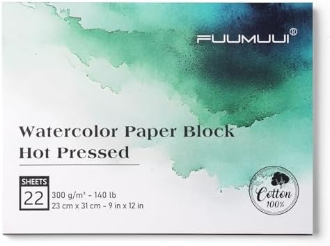 Fuumuui Watercolor Paper Block 9x12 Inch, Smooth Surface 100% Cotton Watercolor Paper, 22 Sheets, 140lb/300gsm, Hot Press, Acid-Free, Art Paper for Painting & Drawing, Wet, Mixed Media