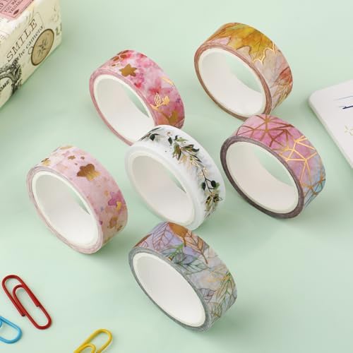 6 Rolls Gold Floral Washi Tape Set,15mm Gold Foil Colored Floral Pattern Decorative Tape,Decorative Masking Tapes for DIY Scrapbook Design Journaling Handbook Making Card Wrap Craft Gift(16.4ft)