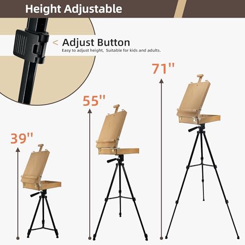 French Style Easel with Beech Wood & Aluminum Tripod | Light Weight Plein Air Easel- Adjustable Sketch box Tripod for Outdoor & Studio Painting, Sketching