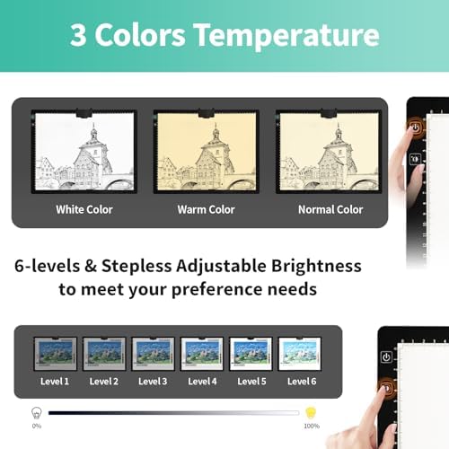 A3 Light Pad - Rechargeable Diamond Painting Light Board with Stand, 3 Colours Stepless Dimmable 6 Levels Brightness Tracing Light Box, Battery Powered Portable Light Pad for Weeding Vinyl Tracing