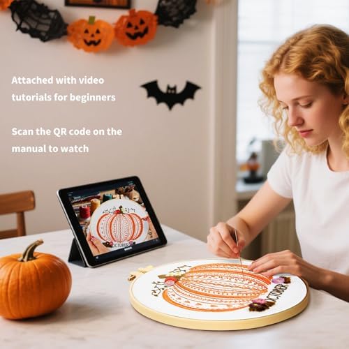 Easy Beginners Embroidery Stitches Practice Kits for Adults, Fall Pumpkin Embroidery Starters Kits for Beginners to Learn 26 Stitches, Autumn Hand Embroidery Set Craft for Women & Video Tutorial