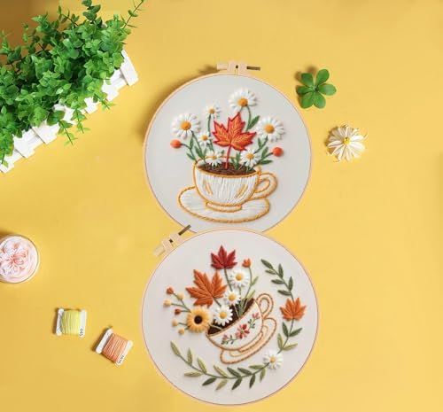 Konrisa Flower Cup Embroidery Kits for Adults,Creative Floral Embroidery Starter Kit DIY Sewing Practice with Hoop,Needlepoint Cross Stitch Kit, Set of 2