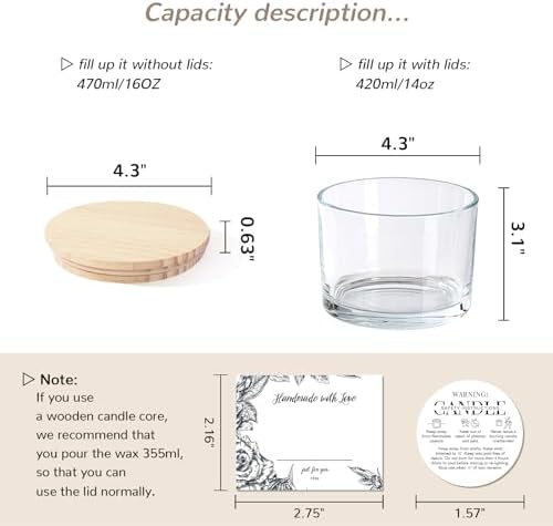 6 Pack Glass Candle Jars with Lids (16oz, Clear) - Large Candle Jars for 3 Wick Candles Making - Empty Candle Jars Containers - Candle Making Supplies Accessories include 16Pcs Candle Labels