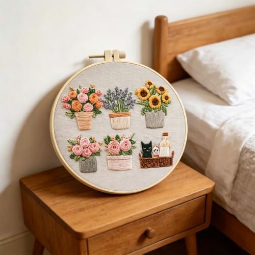 Embroidery Kit for Beginners & Adults with Cat and Flower Pattern