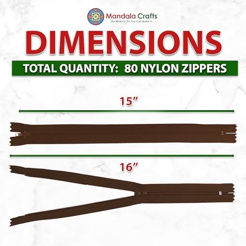 Mandala Crafts 80 PCs Dark Brown Closed-End 15 in Nylon Zippers for Sewing