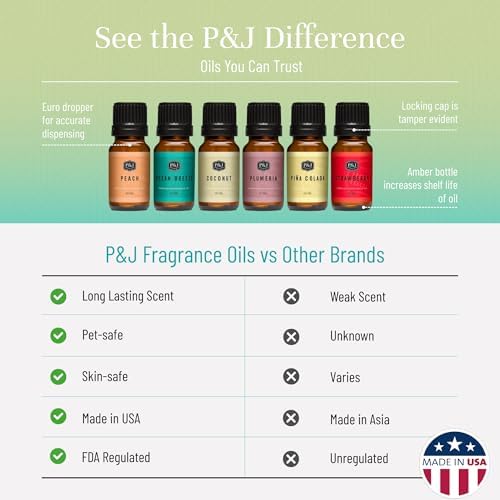 P&J Trading Summer Set of 6 Fragrance Oils - Peach, Strawberry, Plumeria, Coconut, Ocean Breeze, Pina Colada Candle Scents, Soapmaking, Diffuser Oil