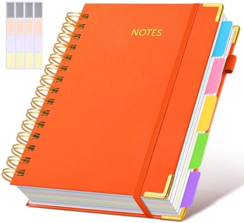 Hardcover Spiral Notebook journal with Removable Dividers Tabs, 300 Pages Leather 5 Subject Notebook College Ruled, 100GMS Notebooks for Work School Note taking,Lined Journal for Women,A5 Orange