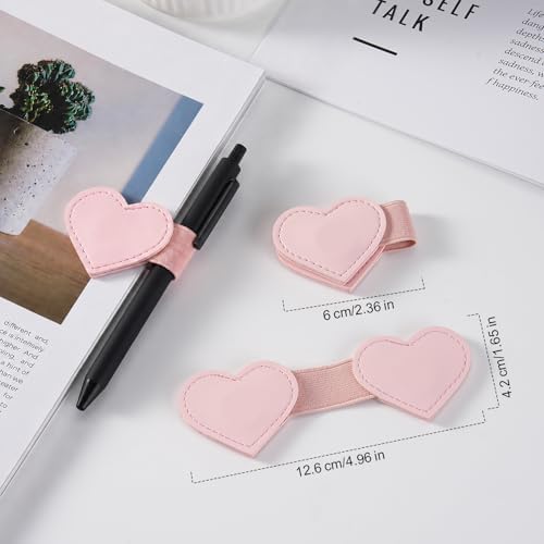3 PCS Magnetic Pen Holder for Notebook, Journal, Planner, Cute Heart-Shaped Magnetic Pen Loop Holders Gift for Readers, Book Lovers, PU Leather Book Mark Pencil Holder Clip for Women Men
