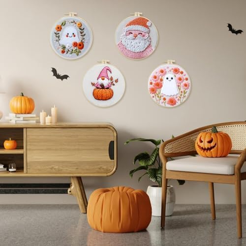 LB Cute Halloween Embroidery Kit for Adults & Beginners - 4-Piece DIY Cross Stitch Starter Kit with Ghost, Pumpkin, Floral Designs (Pink/Orange), Hoop, Threads, Needles
