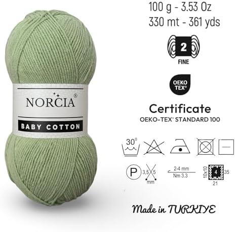 Baby Cotton, 55% Cotton 45% Acrylic Yarn, Fine/Sport (2) for Crochet and Knitting, Soft Amigurumi Yarn, 100 gr (361 yds)