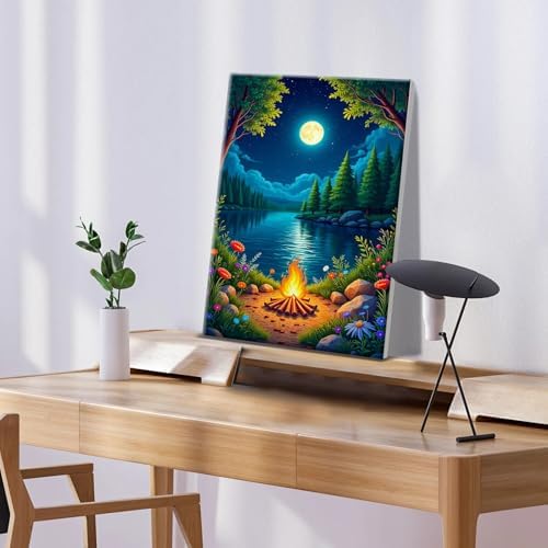 ATDMS Landscape Paint by Numbers Kit for Adults with Frame Moon Paint by Number with Easel Lake Adult Paint by Number Kits Framed Canvas DIY Oil Painting by Numbers for Gift Home Wall Decor 8x12 Inch