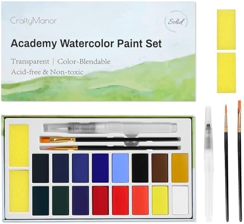 16 Colors Large Block Watercolor Paint Set for Watercolors Workbook, Portable Water Colors Paint Kit with 2 Paintbrushes 1 Waterbrush, for Adult Painting Beginners & Professional Amateur Hobbyists