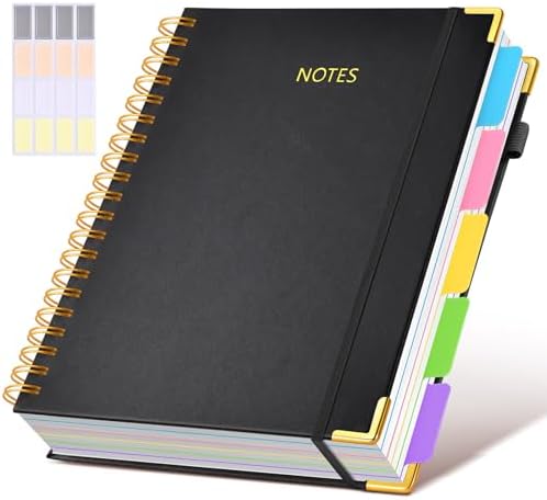 Hardcover Spiral Notebook 8.5"x11" Journal with Removable Dividers Tabs, 300 Pages Leather 5 Subject Notebook College Ruled, Large A4 Notebooks for Work School, Lined Journal for Women, A4 Black