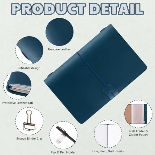 Thenshop Leather Travel Notebook 3 Inserts,Blue,A5 Size