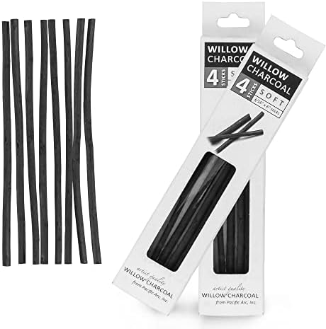 Pacific Arc 2 PACK Large Willow Charcoal Stick 4/Pkg, Soft, Black, Thick Willow Charcoal for Sketching and Drawing …
