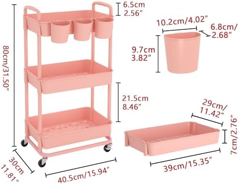 JIUYOTREE 3-Tier Plastic Rolling Storage Cart Utility Cart Pink