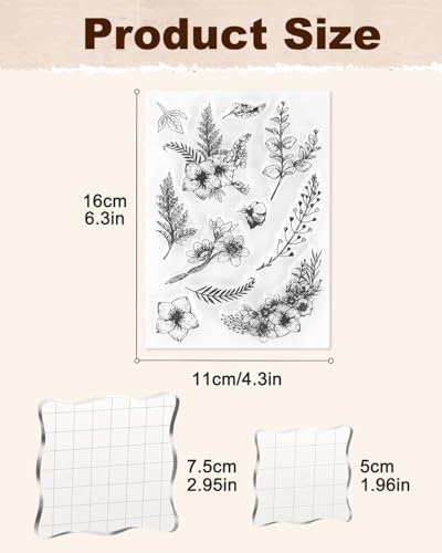 8Pcs Botanical Clear Stamps Set with 2 Acrylic Stamp Blocks for Card Making