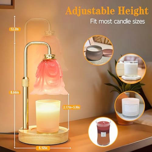 XJZJY Pink Glass Flower Candle Warmer Lamp with Timer, Home Decor Gifts | Dimmable wax melt warmer with 2 bulbs for jar candles, height adjustable, pink tulip design, home decor, housewarming gifts