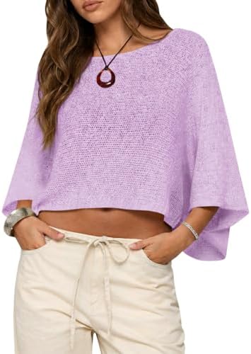 Saodimallsu Womens Crochet Cover Ups Batwing Sleeve Sweater Crop Tops Lightweight Summer Boho Knit Sheer Poncho Top