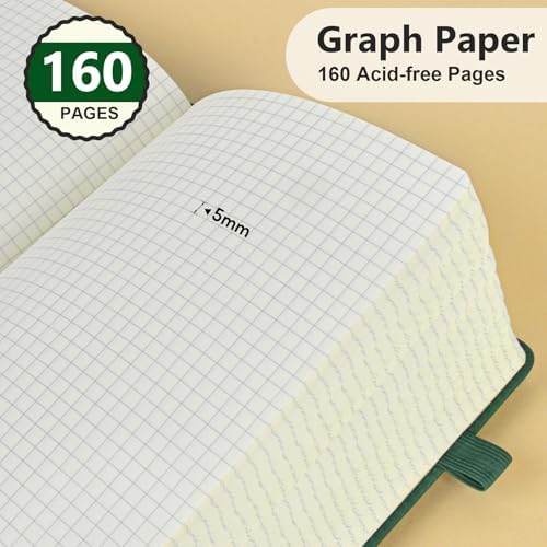 Graph Paper Notebook 5.9"×8.5", 160 Pages Grid Notebook, A5 Graphing Paper | Hardcover Leather Journal for Women & Men,100 Gsm, Grid Spacing 5mm x 5mm, Medium Size, Grid notebook for Work, School, Math
