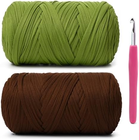 2 Pack Soft Tshirt Crochet Yarn, 800g/228yds High Elastic Hand Knitting Yarns, Thick T Shirt Yarn for Crocheting Bags, Baskets, Cushions, DIY Crafts(Lime Green + Coffee