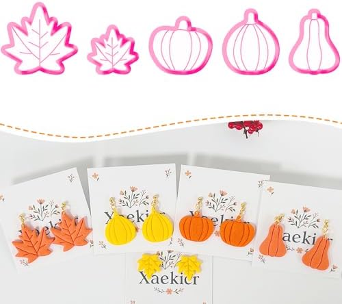 Xaekicr Fall Leaf Pumpkin Polymer Clay Cutters Set – 5 PCS Autumn Clay Earring Cutters for Jewelry Making – Polymer Clay Molds & Clay Tools for Fall DIY Crafts
