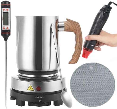 Candle Making Kit with Hot Plate for Adults, Soy Candle Make Set with Wax Melter for Beginners, Imitation wood grain Pouring Pot Pitcher, Heat Gun, Thermometer, Candle Making Supplies Accessories