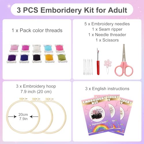 Huacan Embroidery Kit for Adults Beginners with 3 Hoops & Gift Box