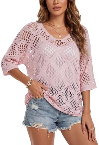 Womens Crochet Top Summer 3/4 Sleeve Cover Up V Neck Boho Tops