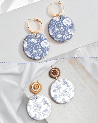 Puocaon Blue Flower Transfer Paper - White Blue Floral Transfer Sheets for Polymer Clay Earrings Jewley Making