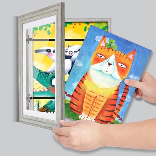[2 Pack] Kids Art Frames, 10x12.5 Front Opening Kids Artwork Frames Changeable, Grey Wood Grain Artwork Display Storage Frame for Wall, Holds 50 Pcs, for 3D Picture, Crafts, Children Drawing, Hanging