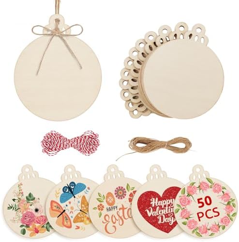 Philorn 50pcs Wooden Ornaments for Crafts 3.5" Unfinished DIY Wooden | Crafts 3.5" Unfinished DIY Wooden Christmas Ornaments Predrilled Wood Slices Circles for Crafts Paint Decorations