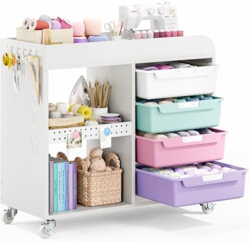 SYKIARIOL Craft Organizers and Art Supply Storage, Art Cart, Ice Cream | Rolling Cart with 4 Drawers & Metal Pegboard, 5 Hooks, Cute Macaron Color Magnets for Craft Room, Office, Classroom