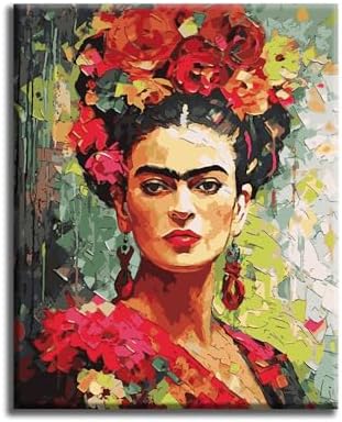 KitArt Premium Paint by Numbers Kit with Wooden Frame, Frida and Flowers, 16x20 Inch Canvas, Complete DIY Set with Acrylic Paints, Brushes, Instructions and Wooden Frame