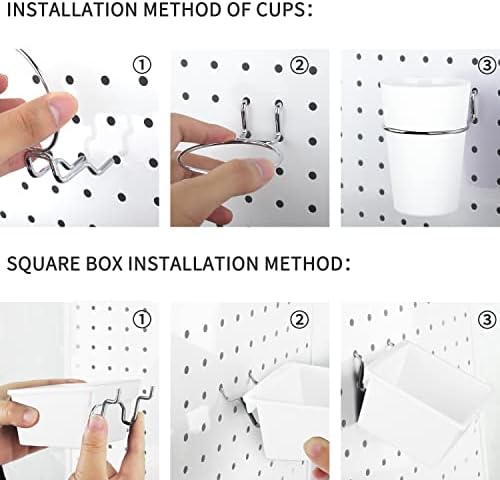 Kuhome 6 Sets Pegboard Bins Cups with Hooks Loops, Pegboard Hooks Assortment, Hooks for Pegboard Cup Holder for Tools Accessory Storage Organizer for Office Workshop Garage Workbench White