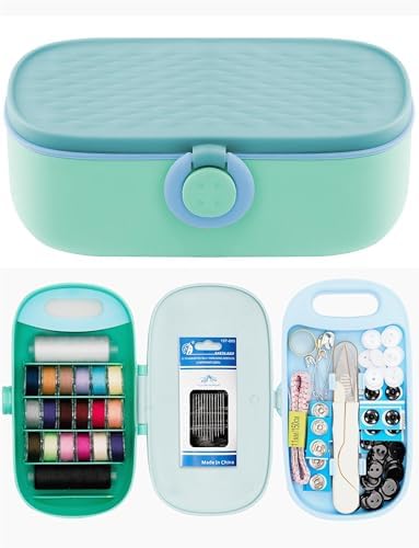 FKOG Sewing Project Kit, 135 Pcs Family Sewing Supplies Repair Kit Traveler Sewing Kit Sewing Thread Accessories DIY Sewing Supplies Organizer (Green) (Cyan Green Sewing kit)