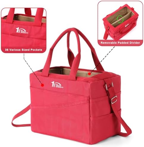 Art Craft Supply & Pottery Bag – 36 Pockets – Detachable Shoulder Strap - Handles – Removable Padded Divider - Washable – Tools, Knitting, Crochet, Yarn, Sewing, Scrapbooking, Clay, Tote