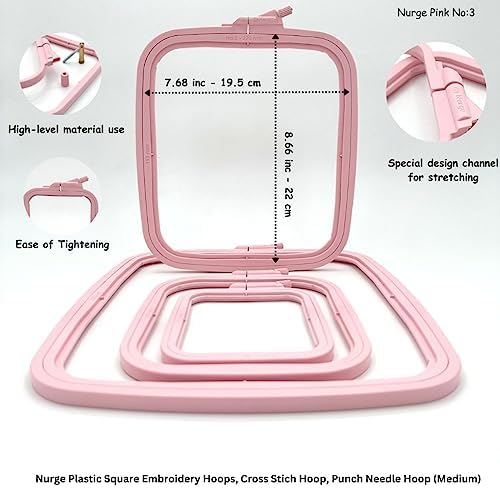 Nurge Square Embroidery Hoop - Plastic Cross Stitch Frame for Needlepoint & Embroidery - Adjustable Craft Hoop - Pink - No:3 (Medium)