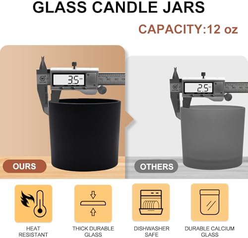 SHOWIN 12 OZ Thick Candle Jars for Making Candles 12 Pcs, Empty Jars with Wood Lids for Spice Jars, Sample Container, Matte Black