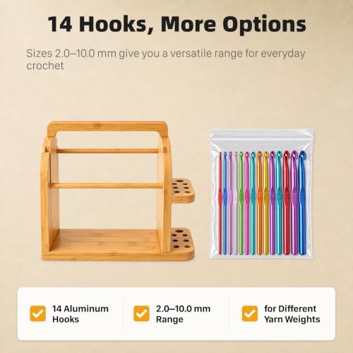 Crochet Yarn Holder with Phone Stand, Dual Rods & 14 Crochet Hooks