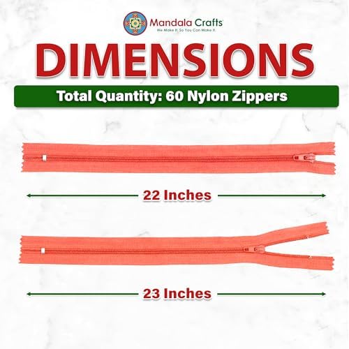 Mandala Crafts 60 PCs Coral Closed-End 22 Inches Nylon Zippers for Sewing
