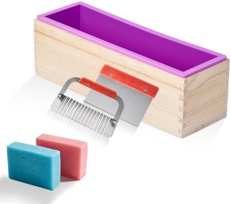 Soap Molds Kit, 42 oz Silicone Soap Loaf Mold with Wooden Box, Soap Making Kit for Homemade Soap and Crafts (Purple, 2 Silicone Mold and Wood Box)
