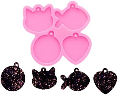1pc Shiny 4 Cavity Pet Cat Tag Mini Cat Head/Fish/Circle/Heart Resin Silicone Molds Art DIY Handmade Charms Mold with 10PC Key Ring(DY0978)