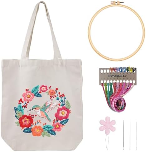 Louise Maelys Hummingbird Embroidery Kit Canvas Tote Bag for Beginners