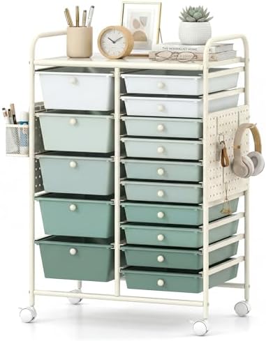 GOFLAME 15-Drawer Rolling Storage Cart with Pegboard, Craft Storage Cart with Lockable Wheels and Metal Frame, Art Cart Supply Storage Organizer for Home Office Classroom, Green Gradient
