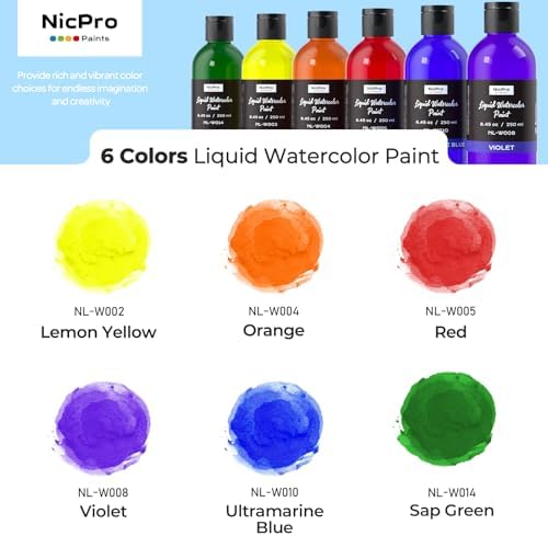 Nicpro 6 Colors Liquid Watercolor Paint Set, 8.45oz Large Bulk Water Color
