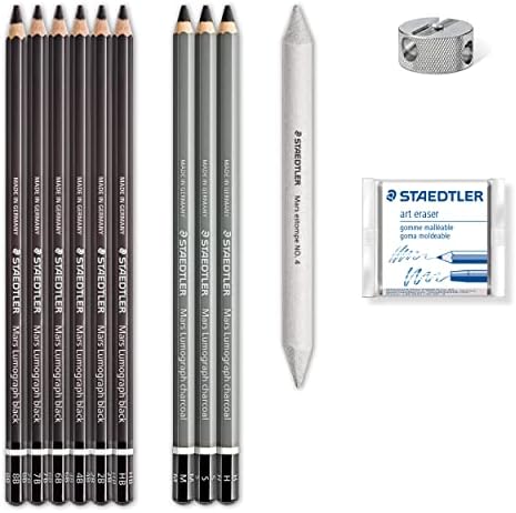 Staedtler Mars Lumograph Art Set | Drawing Kit with Charcoal and Graphite Drawing Pencils, Blending Stump, Kneadable Eraser and Dual Hole Sharpener 61 100C