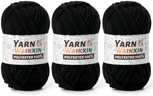 3 Black Soft Chenille Yarn for Crocheting, Fluffy Chunky Crochet Yarn for Baby Blanket, (10.58oz/393yds) Fuzzy Velvet Yarn for Amigurumi&DIY Puzzle、Crafts、Scarf